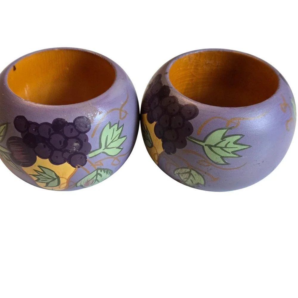 Vintage Hand Painted Wooden Fruit Napkin Rings Set 2 Farmhouse Country Decor